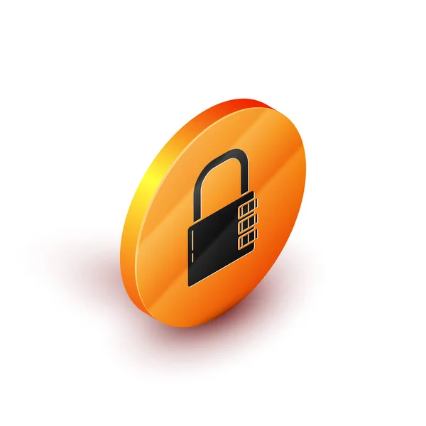 Isometric Safe combination lock icon isolated on white background. Combination padlock. Security, safety, protection, password, privacy. Orange circle button. Vector Illustration — Stock Vector
