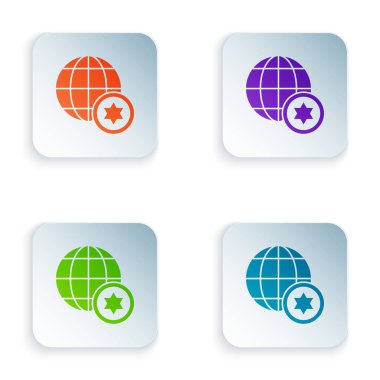 Renkli Dünya Küresi ve İsrail ikonu beyaz arka planda izole edildi. Renkli kare düğmelere simgeleri yerleştir. Vektör İllüstrasyonu