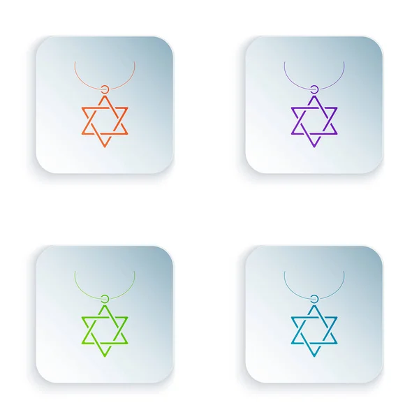 Color Star of David halsband på kedja ikon isolerad på vit bakgrund. Judisk religionssymbol. Israels symbol. Smycken och tillbehör. Ställ ikoner i färgglada fyrkantiga knappar. Vektor Illustration — Stock vektor