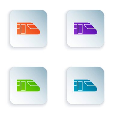 Beyaz arka planda izole renkli tren simgesi. Toplu taşıma sembolü. Metro treni taşımacılığı. Metro metrosu. Renkli kare düğmeleri simgeleri ayarlayın. Vektör Illustration