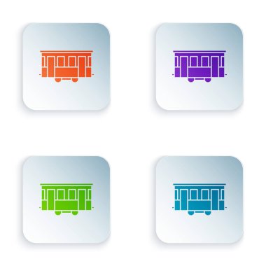 Beyaz arka planda izole edilmiş Eski Şehir tramvay simgesi rengi. Toplu taşıma sembolü. Renkli kare düğmelere simgeleri yerleştir. Vektör İllüstrasyonu
