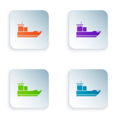Renkli kargo gemisi simgesi beyaz arkaplanda izole edildi. Renkli kare düğmelere simgeleri yerleştir. Vektör İllüstrasyonu