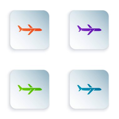 Beyaz arka planda izole renkli düzlem simgesi. Uçan uçak simgesi. Airliner işareti. Renkli kare düğmeleri simgeleri ayarlayın. Vektör Illustration