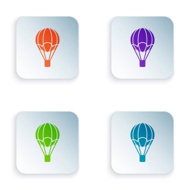 Beyaz arka planda izole renkli sıcak hava balonu simgesi. Seyahat için hava taşımacılığı. Renkli kare düğmeleri simgeleri ayarlayın. Vektör Illustration