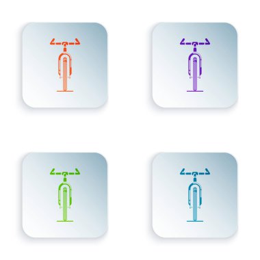 Beyaz arka planda yalıtılmış Renkli Bisiklet simgesi. Bisiklet yarışı. Ekstrem sporlar. Spor ekipmanları. Simgeleri renkli kare düğmelere ayarlayın. Vektör İllüstrasyonu