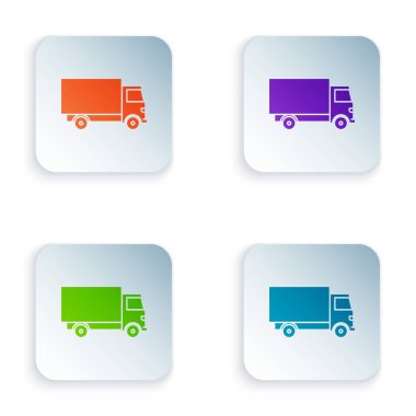 Renkli kargo kamyonu ikonu beyaz arka planda izole edildi. Renkli kare düğmelere simgeleri yerleştir. Vektör İllüstrasyonu