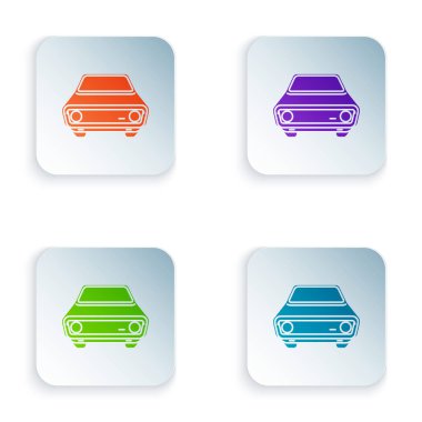 Beyaz arkaplanda izole edilmiş renkli araba simgesi. Ön manzara. Renkli kare düğmelere simgeleri yerleştir. Vektör İllüstrasyonu