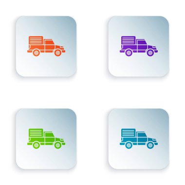 Renkli kargo kamyonu ikonu beyaz arka planda izole edildi. Renkli kare düğmelere simgeleri yerleştir. Vektör İllüstrasyonu