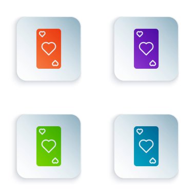 Beyaz arkaplanda kalp sembolü simgesi olan renk oynatma kartı. Kumarhane kumarı. Renkli kare düğmelere simgeleri yerleştir. Vektör İllüstrasyonu