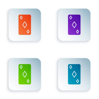 Beyaz zemin üzerinde elmas sembolü simgesi olan renkli iskambil kartı. Kumarhane kumarı. Renkli kare düğmelere simgeleri yerleştir. Vektör İllüstrasyonu