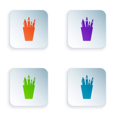 Beyaz arka planda izole renkli kalem Case Kırtasiye simgesi. Kalem, kalem, cetvel, ofis için bir bardakta. Renkli kare düğmeleri simgeleri ayarlayın. Vektör Illustration