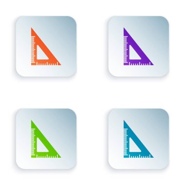 Beyaz arkaplanda izole edilmiş renkli üçgen cetvel simgesi. Düz sembol. Geometrik sembol. Renkli kare düğmelere simgeleri yerleştir. Vektör İllüstrasyonu