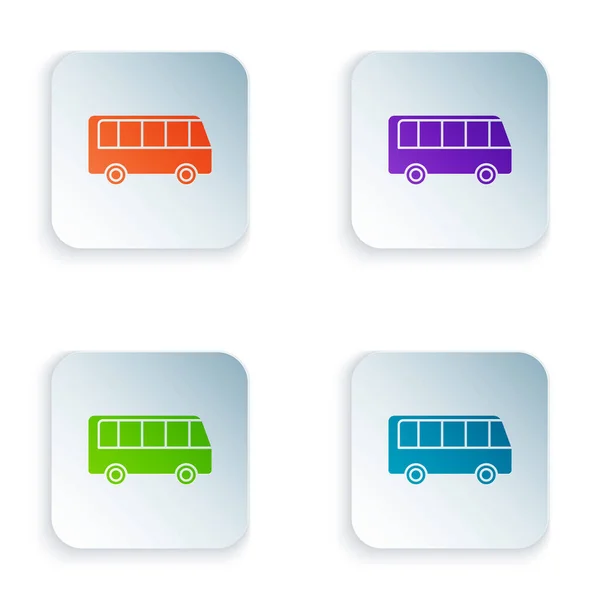 Color Bus icon isolated on white background. Transportation concept. Bus tour transport sign. Tourism or public vehicle symbol. Set icons in colorful square buttons. Vector Illustration — 스톡 벡터