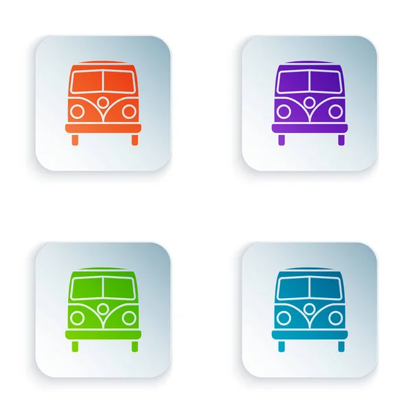 Farb-Retro-Minivan-Symbol isoliert auf weißem Hintergrund. alter Reisebus im Retro-Stil. setzen Symbole in bunten quadratischen Tasten. Vektorillustration — Stockvektor