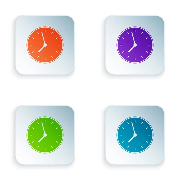 흰색 배경에 격리 된 색상 시계 아이콘입니다. 시간 기호입니다. 다채로운 사각형 버튼에 아이콘을 설정합니다. 벡터 일러스트레이션 — 스톡 벡터
