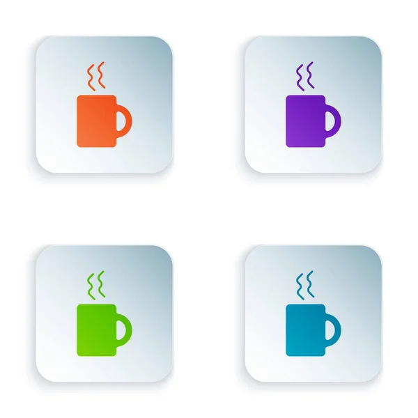 Cor ícone xícara de café isolado no fundo branco. Uma chávena. Café quente. Definir ícones em botões quadrados coloridos. Ilustração vetorial — Vetor de Stock