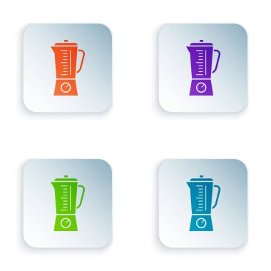 Renk karıştırıcı simgesi beyaz arkaplanda izole edildi. Mutfak elektrikli kırıcı ve kase. Meyve suyu, kokteyl ya da meyve suyu. Renkli kare düğmelere simgeleri yerleştir. Vektör İllüstrasyonu