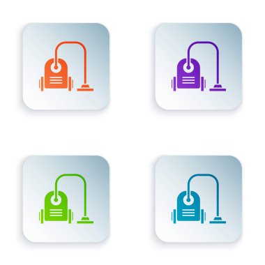 Renkli süpürge simgesi beyaz arkaplanda izole edildi. Renkli kare düğmelere simgeleri yerleştir. Vektör İllüstrasyonu