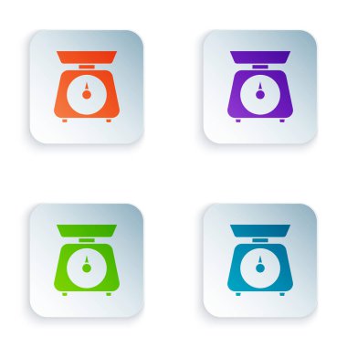 Beyaz arkaplanda izole edilmiş renk ölçekleri simgesi. Ağırlık ölçüm aletleri. Renkli kare düğmelere simgeleri yerleştir. Vektör İllüstrasyonu