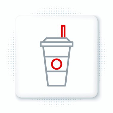 Çizgi kahve fincanı simgesi beyaz arkaplanda izole edilmiş. Tek kullanımlık kahve bardağı ve sıcak kahve. Renkli taslak konsepti. Vektör