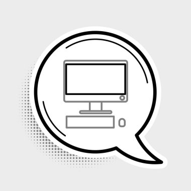 Gri arkaplanda klavye ve fare simgesine sahip çizgi bilgisayar monitörü izole edildi. Bilgisayar bileşeni işareti. Renkli taslak konsepti. Vektör