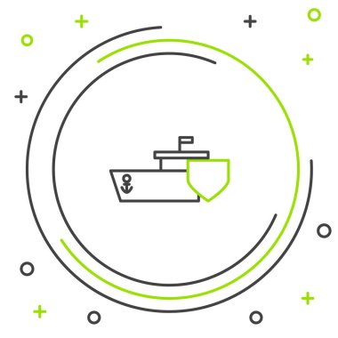 Beyaz arkaplanda kalkan simgesine sahip çizgi gemisi izole edildi. Sigorta konsepti. Güvenlik, güvenlik, koruma, konsept koruma. Renkli taslak konsepti. Vektör