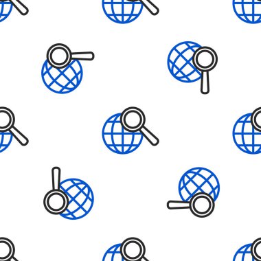 Küre simgesine sahip çizgi büyüteç beyaz arka planda izole edilmiş pürüzsüz desen. Dünyayı analiz ediyorum. Küresel arama işareti. Renkli taslak konsepti. Vektör