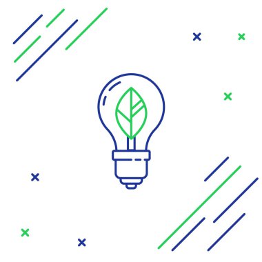 Beyaz arkaplanda yaprak simgesi olan çizgi lambası. Çevre enerjisi kavramı. Alternatif enerji kavramı. Renkli taslak konsepti. Vektör