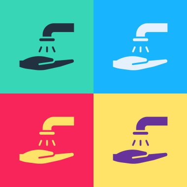 Popüler sanatlar, arka planda sabun simgesiyle el yıkama. Virüs ve bakterileri önlemek için ellerini sabunla yıkıyorsun. Vektör İllüstrasyonu