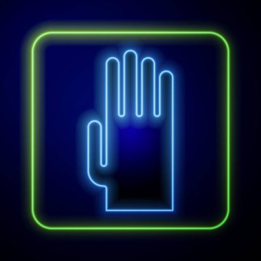 Parlayan neon renkli lastik eldiven ikonu mavi arka planda izole edildi. Lateks el koruması işareti. Ev işi temizlik ekipmanları sembolü. Vektör İllüstrasyonu