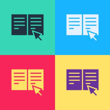 Pop Art Online kitap simgesi renk arkaplanında izole edildi. İnternet eğitimi konsepti, e-öğrenme kaynakları, uzak online kurslar. Vektör İllüstrasyonu