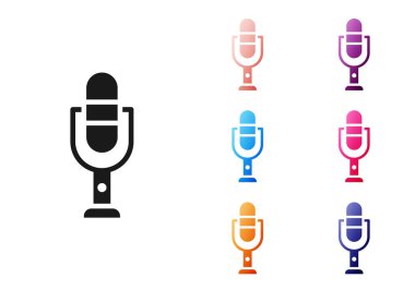 Beyaz arkaplanda siyah mikrofon simgesi izole edildi. Radyodaki mikrofondan. Sözcü işareti. Simgeleri renklendirin. Vektör İllüstrasyonu