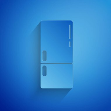 Kağıt kesiği buzdolabı simgesi mavi arkaplanda izole edilmiş. Buzdolabı buzdolabı. Ev aletleri ve aletler. Kağıt sanatı tarzı. Vektör