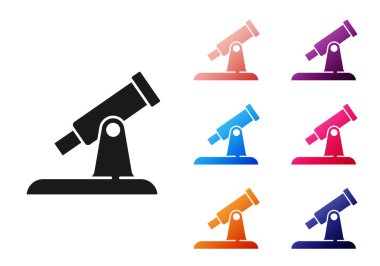 Siyah Teleskop simgesi beyaz arkaplanda izole edildi. Bilimsel bir alet. Eğitim ve astronomi elementi, dürbün ve çalışma yıldızları. Simgeleri renklendirin. Vektör