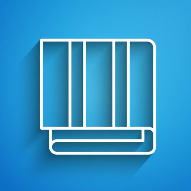 Beyaz çizgi havlu yığını simgesi mavi arkaplanda izole edildi. Uzun gölge. Vektör İllüstrasyonu