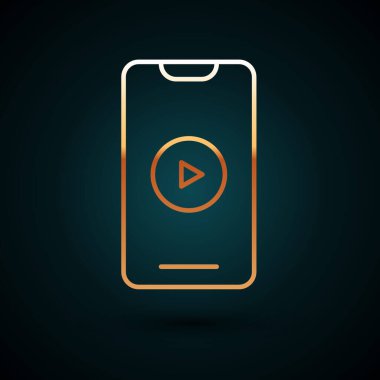 Gold Line Online video simgesi koyu mavi arkaplanda izole edildi. Akıllı telefon ve üzerinde oyun işareti olan film şeridi. Vektör İllüstrasyonu