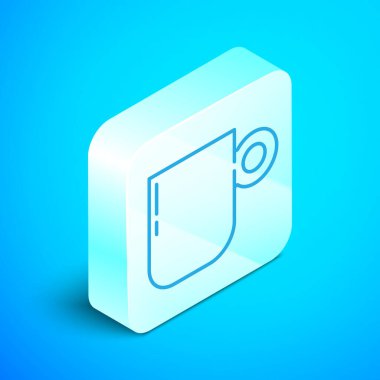 Isometric line kahve fincanı ikonu mavi arka planda izole edilmiş. Çay fincanı. Sıcak içecek kahvesi. Gümüş kare düğme. Vektör