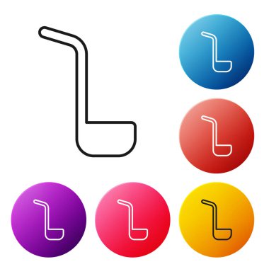 Siyah çizgi mutfak kepçesi simgesi beyaz arkaplanda izole edildi. Mutfak aletleri. Çatal kaşık tabelası. Renkli daire düğmelerini ayarlayın. Vektör