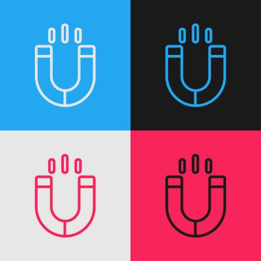 Pop sanat çizgisi Magnet simgesi renk arkaplanında izole edildi. At nalı mıknatısı, manyetizma, manyetizma, çekim. Vektör