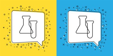 Sarı ve mavi arkaplanda çizgi Test tüpü ve matara simgesini izole et. Kimyasal laboratuvar testi. Laboratuvar camları. Vektör