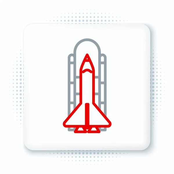 Linje Rymdfärja Och Raketer Ikon Isolerad Vit Bakgrund Färgstarkt Skisskoncept — Stock vektor
