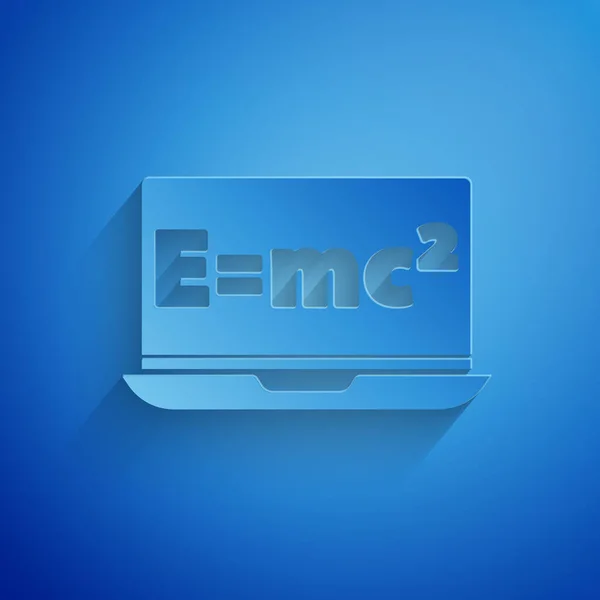 紙カット青い背景に隔離されたノートパソコンのアイコン上の方程式解決の数学システム Eはコンピュータ画面上のMc二次方程式に等しい 紙のアートスタイル ベクトル — ストックベクタ