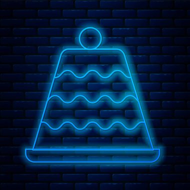 Parlayan neon hattı pasta simgesi tuğla duvar arkasında izole edildi. Doğum günün kutlu olsun. Vektör