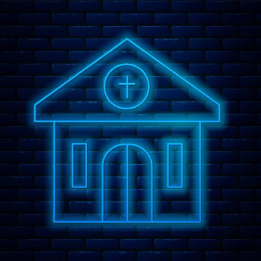 Parlayan neon hattı kilise binası ikonu tuğla duvar arkasında izole edilmiş. Hıristiyan Kilisesi. Kilisenin dini. Vektör