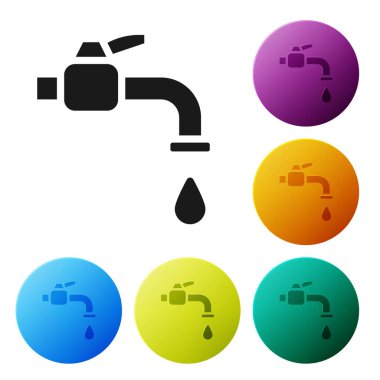 Siyah su musluğu simgesi beyaz arkaplanda izole edildi. Simgeleri renk daire düğmelerine ayarla. Vektör İllüstrasyonu
