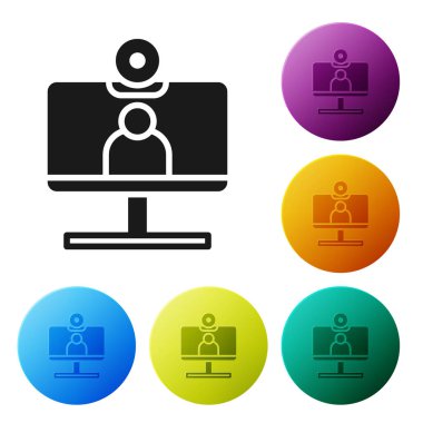 Siyah görüntülü sohbet konferansı simgesi beyaz arkaplanda izole edildi. Ekranda görüntülü sohbet arayüzü olan bilgisayar. Simgeleri renk daire düğmelerine ayarla. Vektör İllüstrasyonu