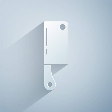 Kağıt kesiği Et Helikopteri simgesi gri arkaplanda izole edildi. Et için mutfak bıçağı. Kasap bıçağı. Mutlu Cadılar Bayramı Partisi. Kağıt sanatı tarzı. Vektör