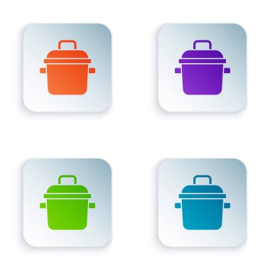 Beyaz arkaplanda izole edilmiş renkli tencere simgesi. Haşlama ya da güveç besin sembolü. Kare düğmelere renkli simgeleri yerleştir. Vektör