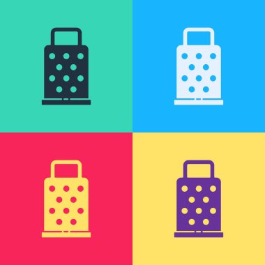 Pop Art Grater simgesi renk arkaplanında izole edildi. Mutfak sembolü. Mutfak aletleri. Çatal bıçak seti. Vektör