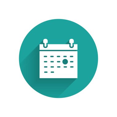 Beyaz Takvim ölüm ikonu uzun gölgeli izole edilmiş. Yeşil daire düğmesi. Vektör